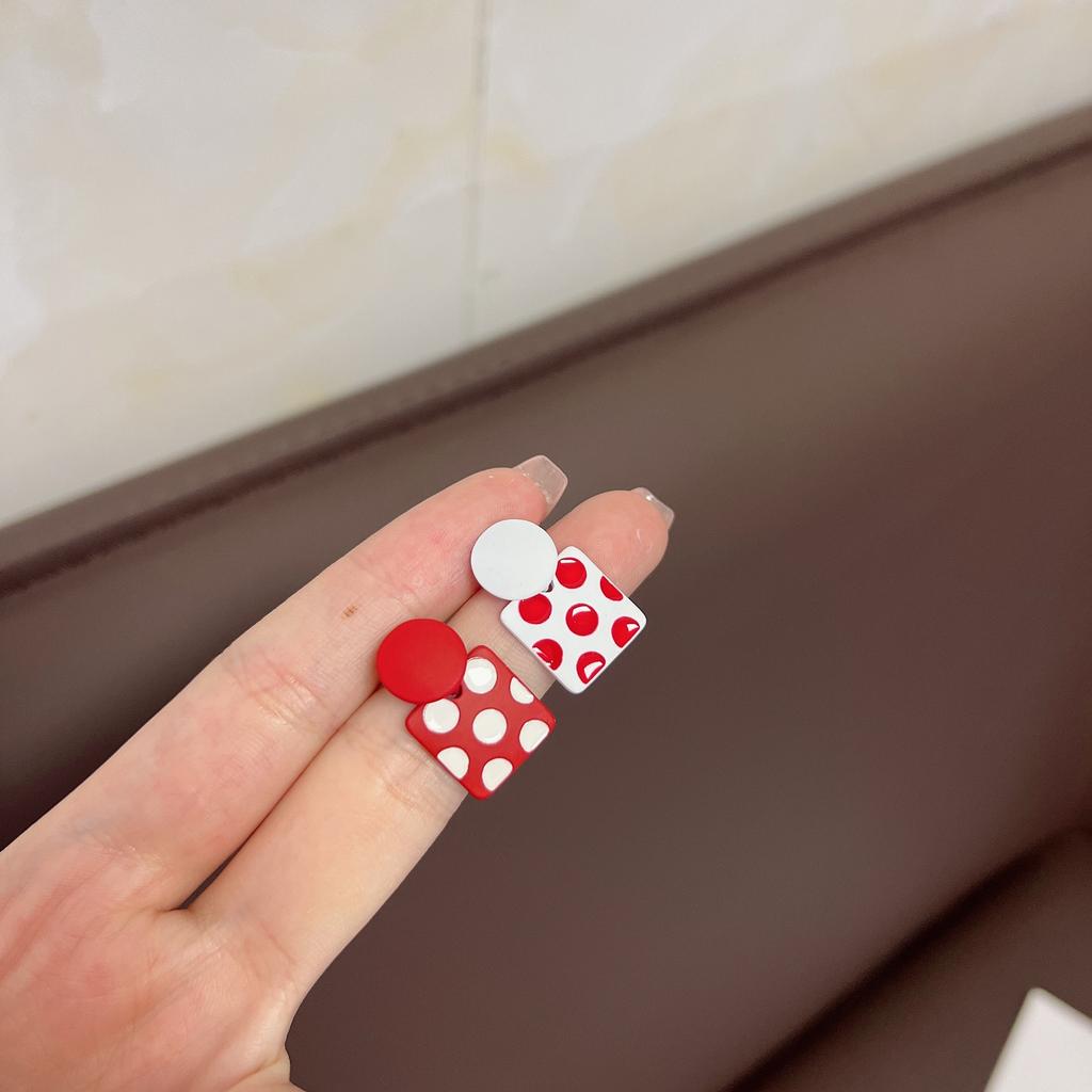 Retro Cute Red Asymmetrical Polka Dots Geometric Square Round Splicing Stud Earrings for Women Daily Wear Trendy Jewelry Gifts
