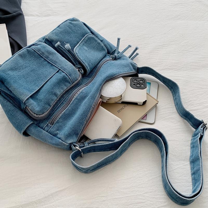 Multi-Pocke Crossbody Bag Denim Commuter Tote Bag Women Large Capacity Messenger Bag