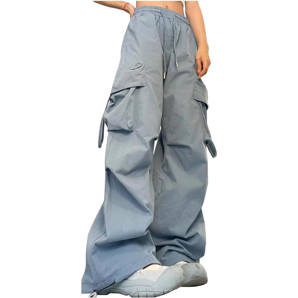 Women Loose Baggy Cargo Trousers Elastic Drawstring Y2K Trouser Wide Leg Parachute Pants with Pockets