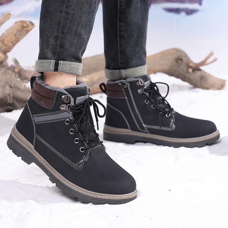 TUINANLE Men Winter Boots Warm Plush High-top Velcro Non-slip Chunky Heel Snow Outdoor Shoes
