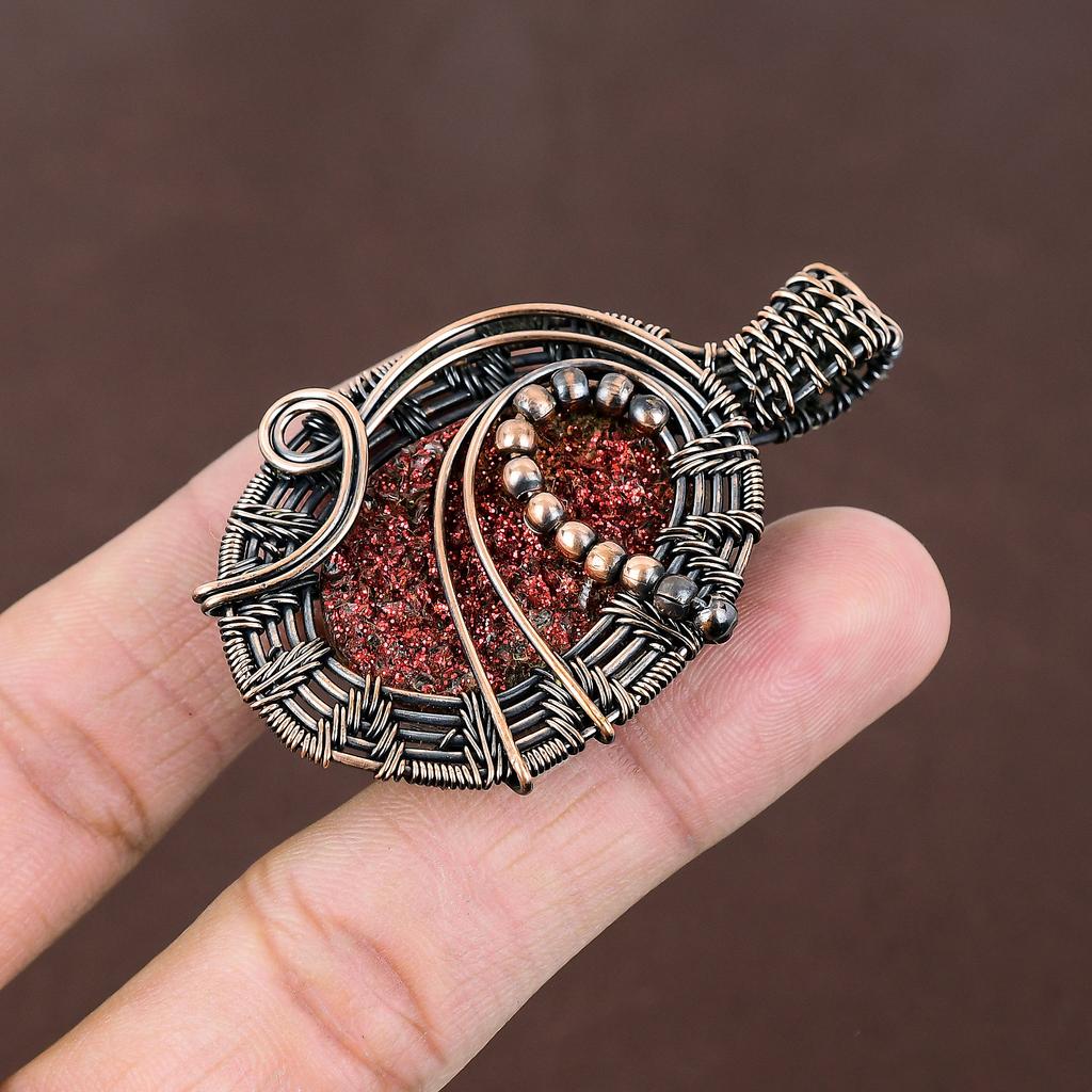 Natural Red Titanium Druzy Gemstone Handmade Copper Wire Wrap Pendant 2.36" L1j95