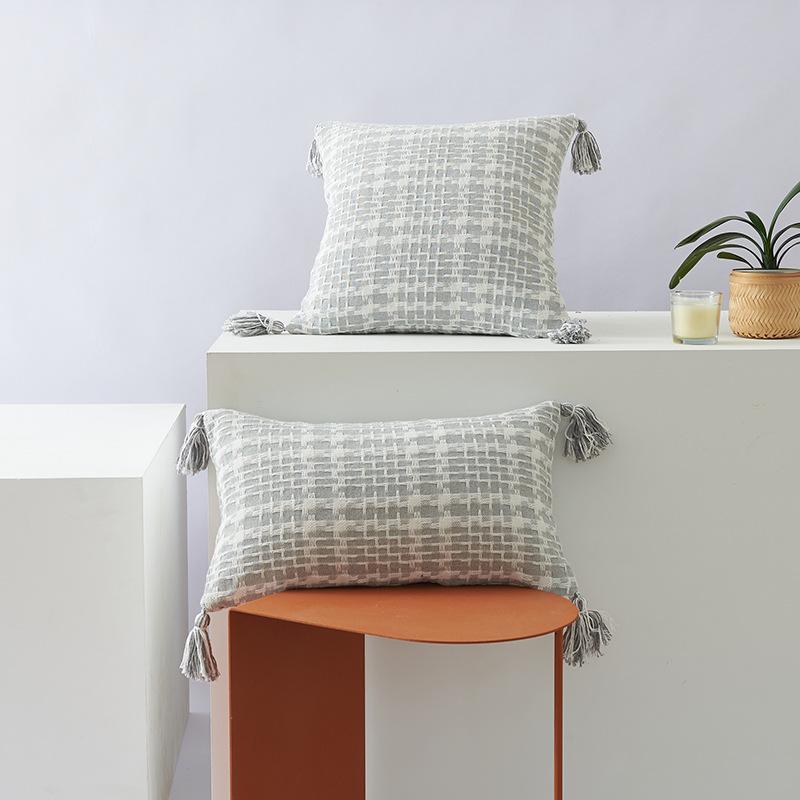 Houndstooth Two-color Woven Pillow Polyester-cotton Tassel Double-sided Office Fashion Ins Style Sofa Cushion Pillow Cover