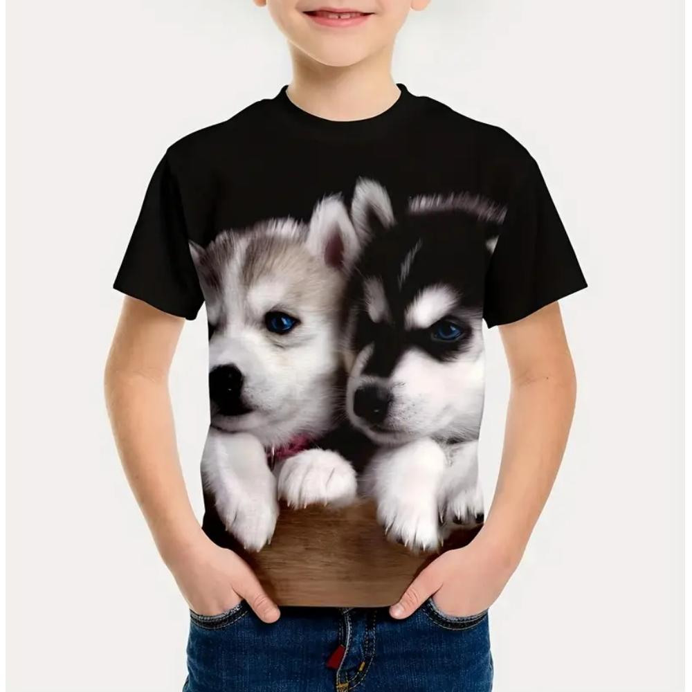 Kids Clothes Cheerful Puppy 3D Print Graphic T Shirts Summer Outdoor Play Crew Neck Short Sleeves Children's Boy's Clothing