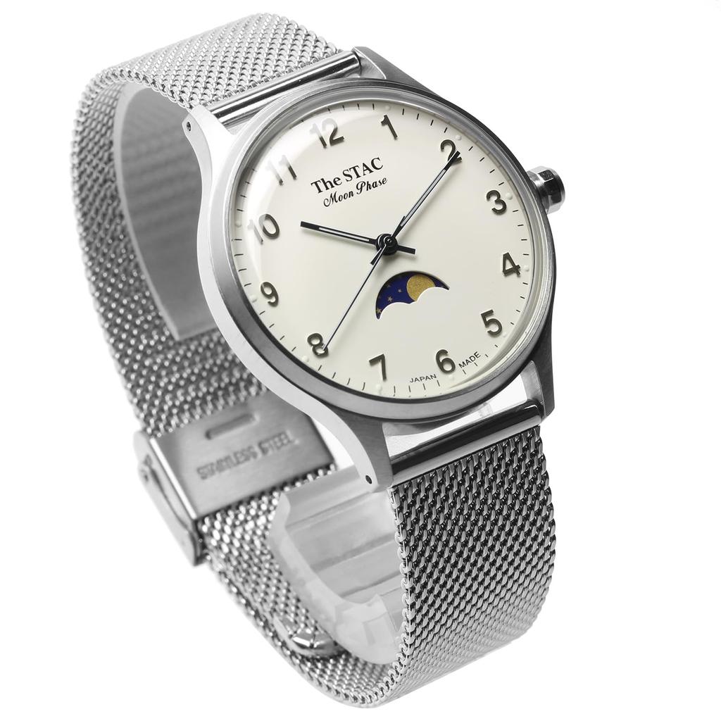 The STAC 36mm Antique Retro Wristwatch for Men and Moon Phase Arabic with White Japanese-made Women, Mesh, ST-MF001