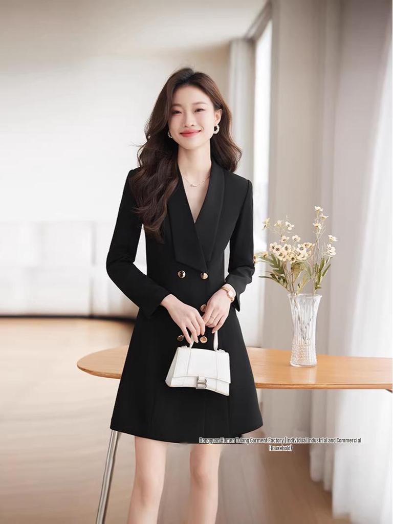Women's Chic Black Suit Dress - High-end Outerwear for Autumn/Winter 2026