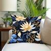 Blue Gold Floral Throw Pillow Cover Elegant Botanical Print Decorative Cushion Cover For Glam Living Room Bedroom Home Decor