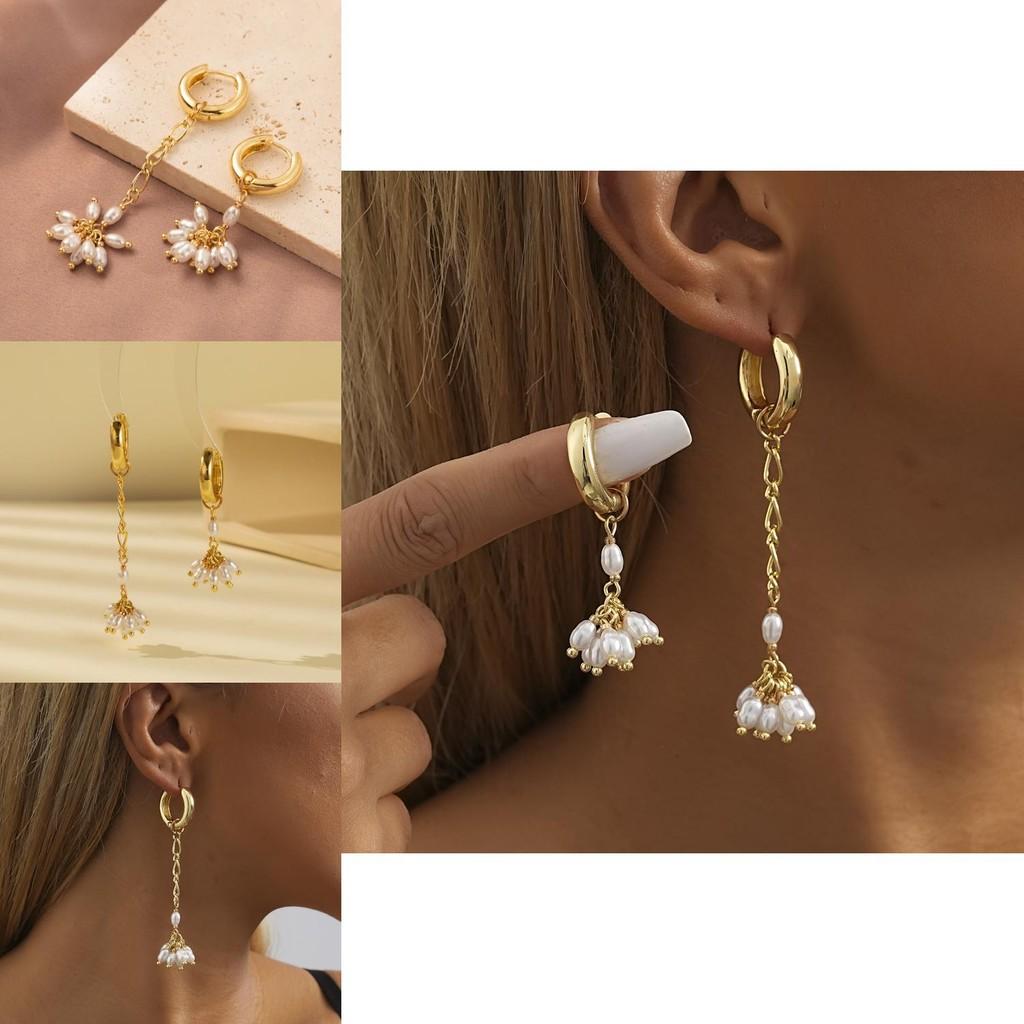 Elegant Geometric Gold Plated Asymmetrical Pearl Earrings For Women Fashion Jewelry