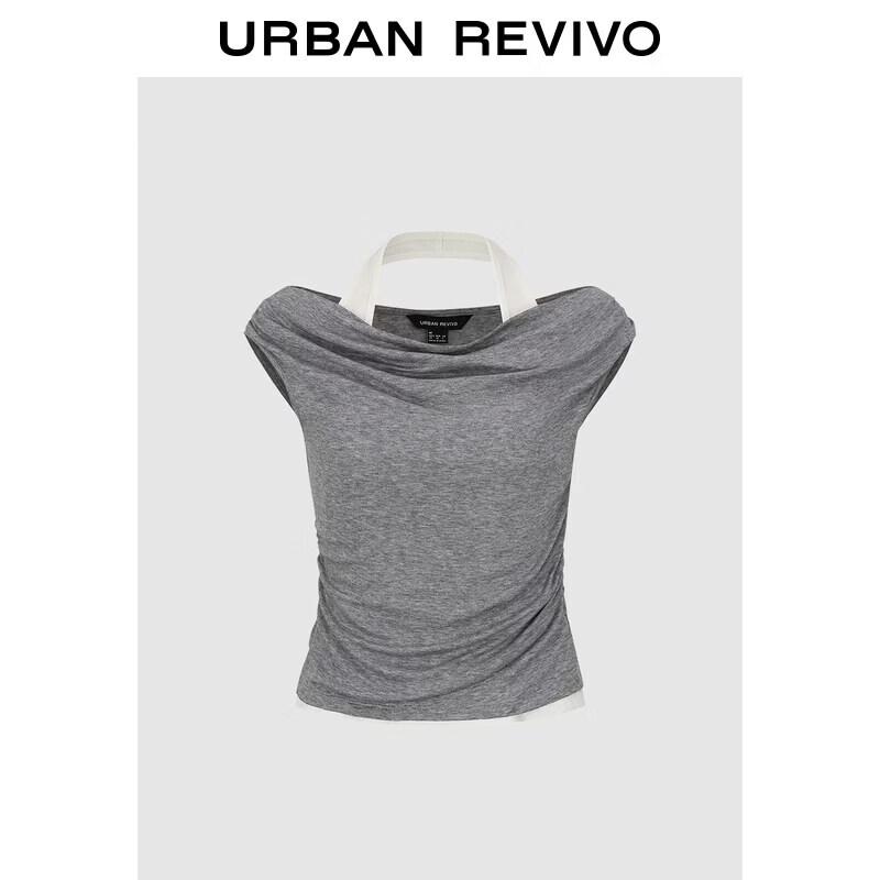 UR Faux Two-Piece Halter Neck Pleated Slim-Fit Top L холодный серый