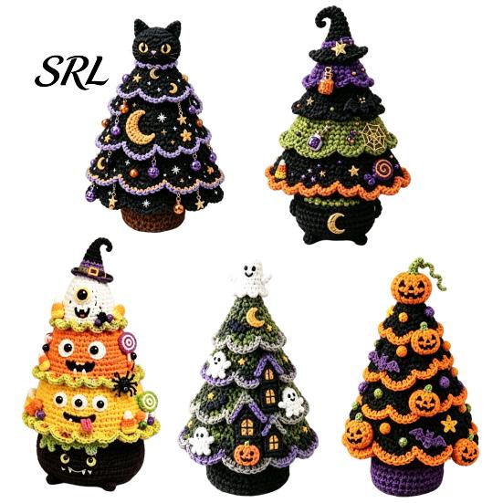 DIY Holiday Tree Materials Halloween Crochet Kit, Black Cat Pumpkin Witch Creative Gift for Crafters Hat Ghost Crafting Kit Home Decor, Handmade Craft