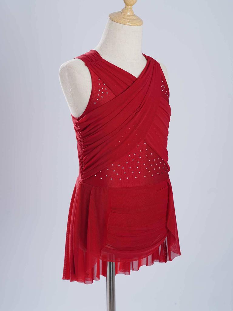 Girls Figure Skating Dress, Lyrical Dance Costume with Mesh Overlay, Cutout Back, Shiny Rhinestones & Irregular Hem