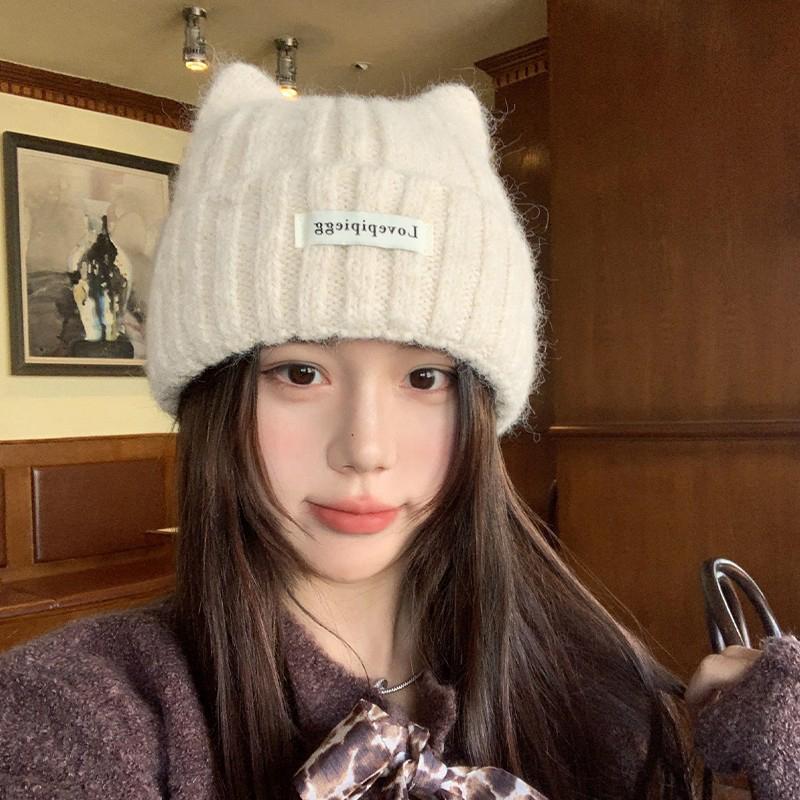 1Pc Cat Ear Knitted Beanies, Cute Winter Warm Wool Hats For Women, Korean Style Fashion Headwear