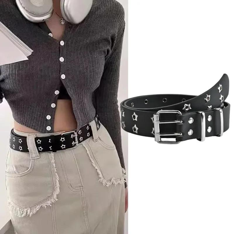 

Y2K Retro Hollow Star Rivet PU Leather Jeans Belt for Women Fashion Punk Black White Double Row Belts Waistband Daily Decoration 110cm чорний