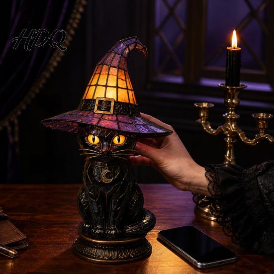 Halloween Room Decor Witch Hat Lamp Stained LED Light Table Lamp with Warm Glow Gothic Reading Nook Night Light for Bedroom Mantel Bookshelf