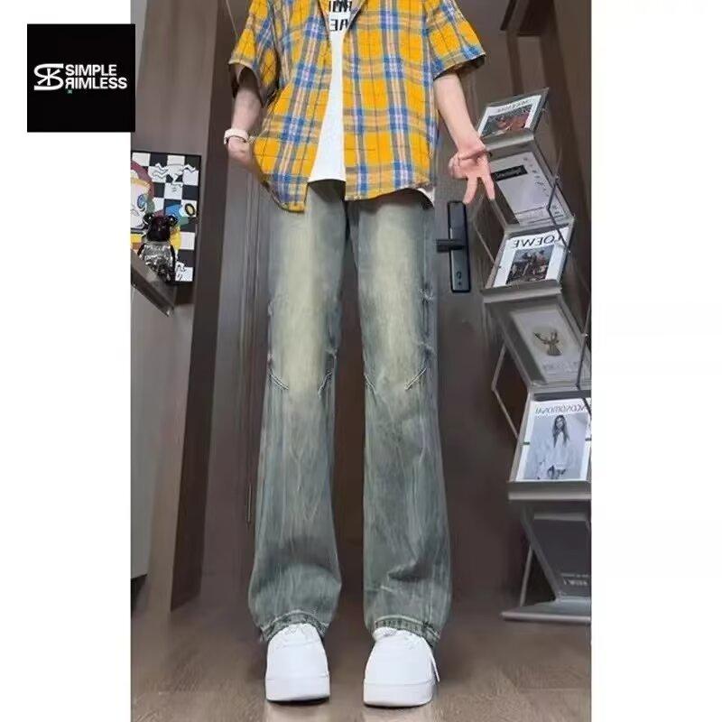 Bamboo lightning pattern jeans men's American high street niche design pants high waist straight tube slightly pulled trousers
