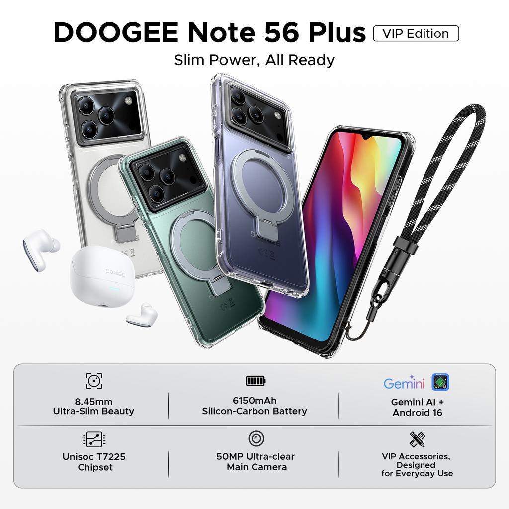 DOOGEE Note56 Plus VIP Edition Android 16 Gemini AI "battery 6150 mAh 48 Go RAM (6 + 42) 256 Go ROM Mobile Phone