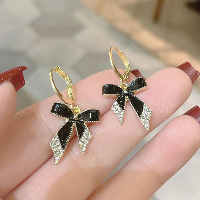 Μαύρα Σμαλτωμένα Κρυστάλλινα Κρεμαστά Σκουλαρίκια Φιόγκος με Λάδι για Γυναίκες Νέα Μοντέρνα Στρογγυλά Σκουλαρίκια Κρίκοι Γάμου Πάρτι Κομψά Χρυσού Χρώματος Κοσμήματα