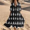 Women's Summer Fashion V-Neck Beach Long Dress Vintage Printed Lace-Up Splicing Dresses