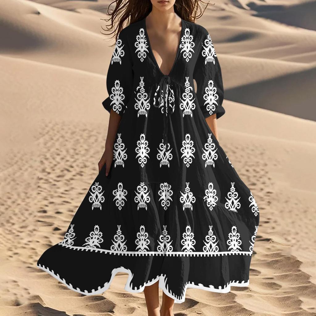 Women's Summer Fashion V-Neck Beach Long Dress Vintage Printed Lace-Up Splicing Dresses