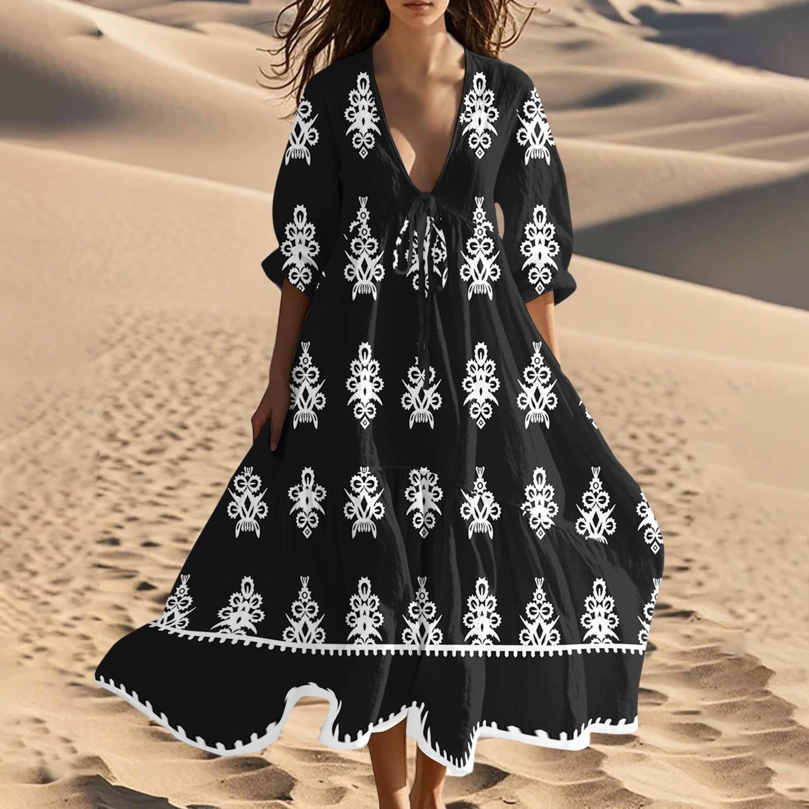 

Женское летнее модное платье с V-образным вырезом, пляжное длинное платье, винтажное, с принтом, на шнуровке, комбинированное L чёрный