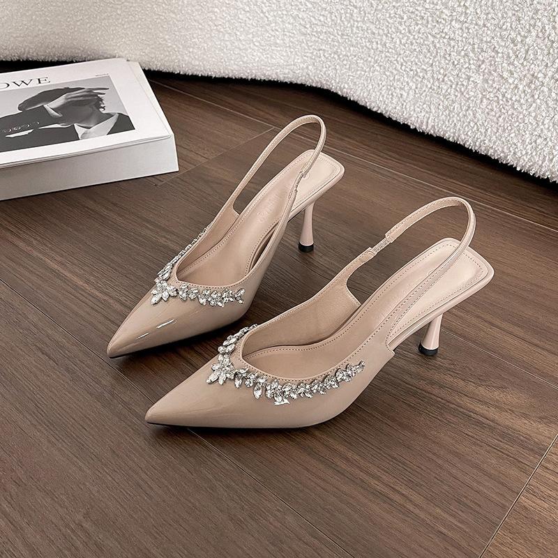 Version aus Schafsleder, spitze schwarze High Heels 2025 neues Nischendesign Strass dünner Absatz Sandalen Frauen sind nicht müde