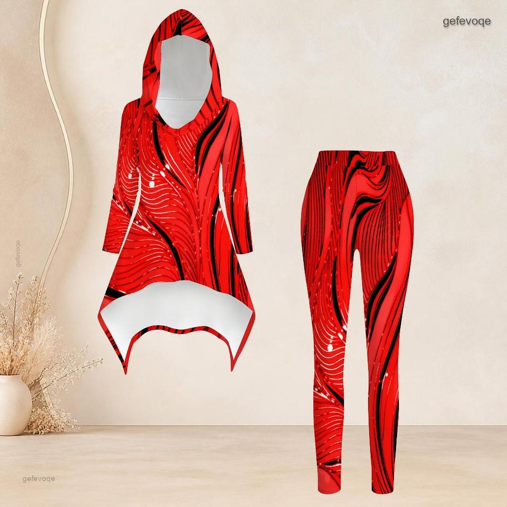 Women Plus Size Hooded Long Sleeve Printed High Low Top And Fitted Pants Two Piece Set
