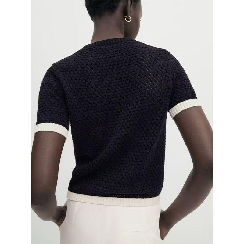 MD Early Autumn New Arrival Contrast Color Trim Classic Style Patchwork Cut Out Comfortable Short Sleeve round Neck Knitwear 5600511