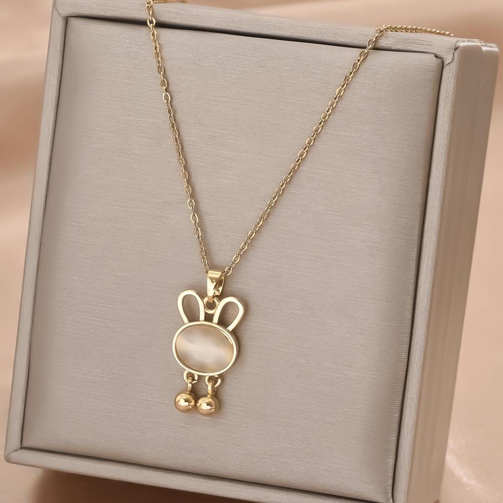 Stylish Little Rabbit Necklace with Cat's Eye Pendant & Water Wave Chain - Japanese & Korean Minimalist Luxury
