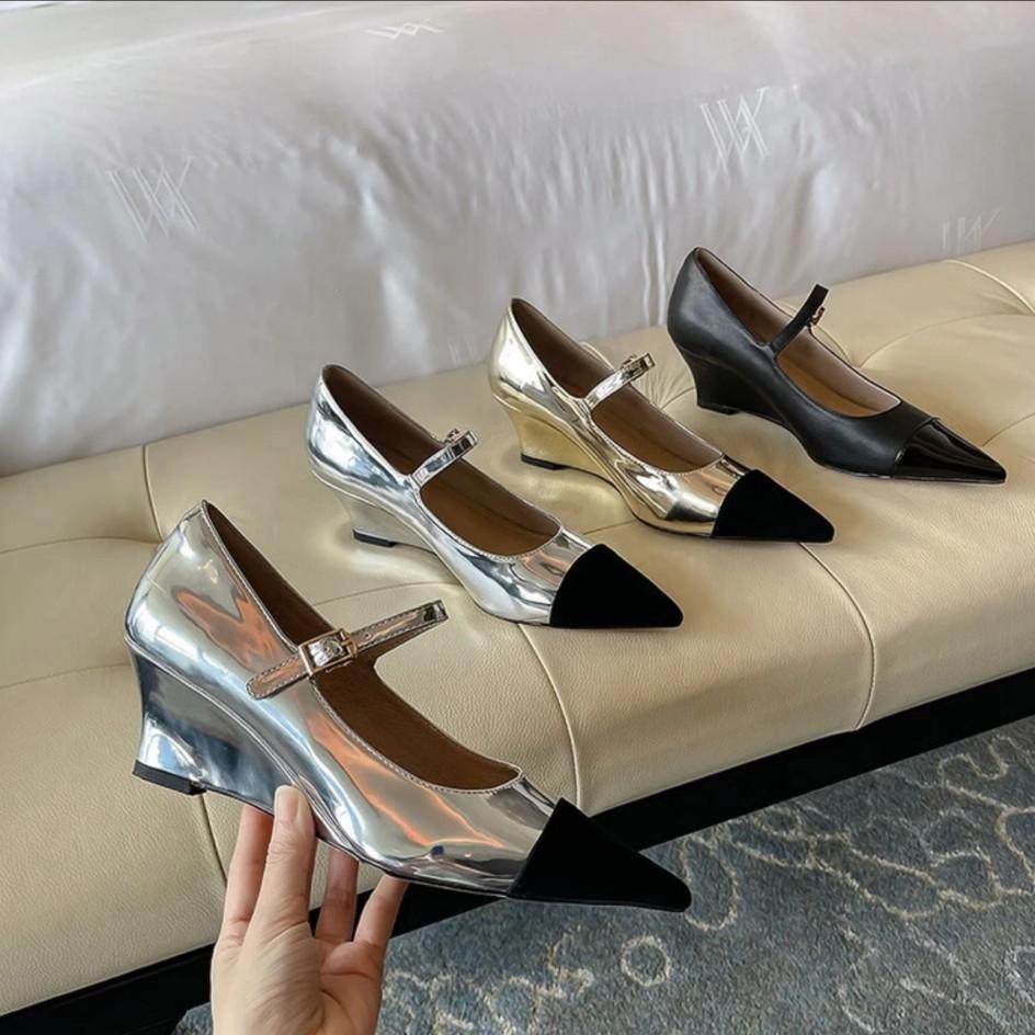 2025 Spring New Temperament Wedge Heel Color Matching Pointed Head Light Mouth Mary Jane Women's Shoes One Word Buckle Belt High Heel Single Shoes Wom
