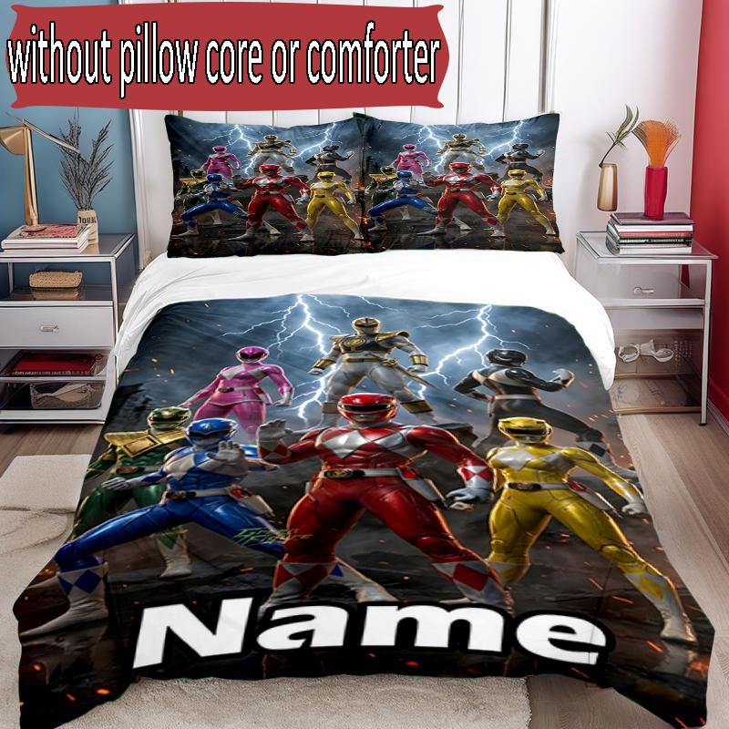 Parure de lit 3 pièces avec housse de couette (1*Housse de couette + 2*Taie d'oreiller, sans noyau), Ensemble de literie personnalisé Motif Mighty Morphin Power Rangers, Décoration de chambre à coucher à la maison Gi