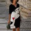 Women Summer V-neck Folk-custom Plus Size Print Loose Mid-sleeve Dress