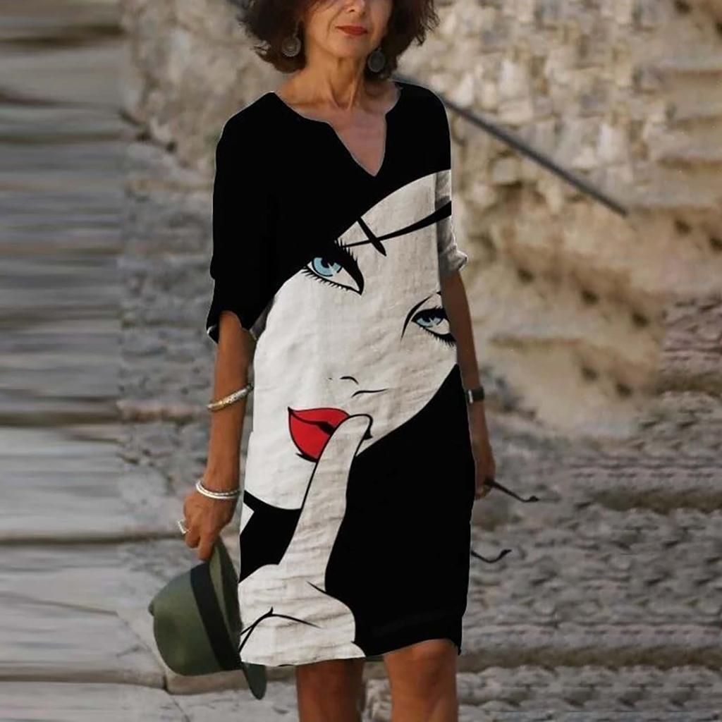 Women Summer V-neck Folk-custom Plus Size Print Loose Mid-sleeve Dress