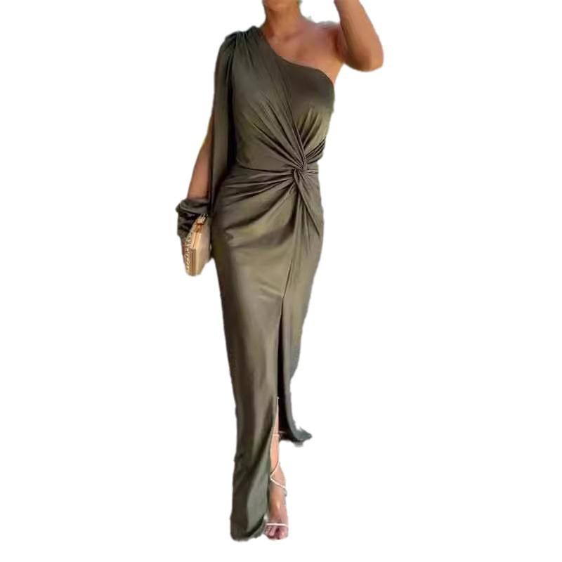 Hot In Stock, Summer New Diagonal Collar, Shoulder Sleeves, Pleated Waist, Solid Color Slim-fit Dress
