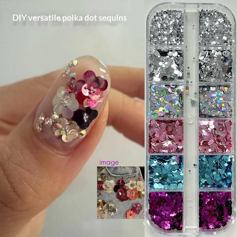 12 Ячеек Смешанные Цветные Блестки и Блестки для Ногтей Мини Круглые Цветы Волны Точки Сверкающие Шармы для Ногтей DIY Маникюр Декор Аксессуары