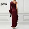 Talos Women's One Shoulder Asymmetric Ruffle Satin Dress, Formal Evening Party Gown, Long Sleeve Ruched Bridesmaid Dress