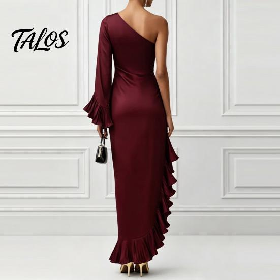 Talos Women's One Shoulder Asymmetric Ruffle Satin Dress, Formal Evening Party Gown, Long Sleeve Ruched Bridesmaid Dress