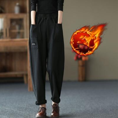 Thick Women's Autumn and Winter Fashion Retro Solid Color Elastic Waist Casual Patchwork Pocket Straight Harlan Carrot Pants