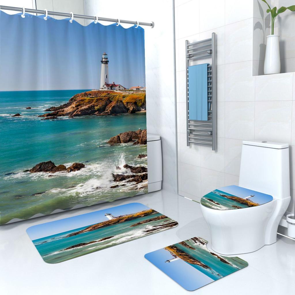 Shower Curtain Digital Printing Shower Curtain Lighthouse Landscape Polyester Bathroom Partition Curtain Bathroom Four-Piece Set