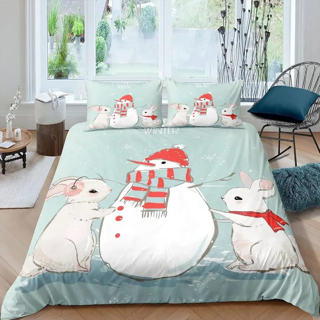 Snowman Duvet Cover Set Kids Girl Christmas Comforter Cover Winter Snow Bedding Set New  Cartoon Style Polyester Quilt Cover
