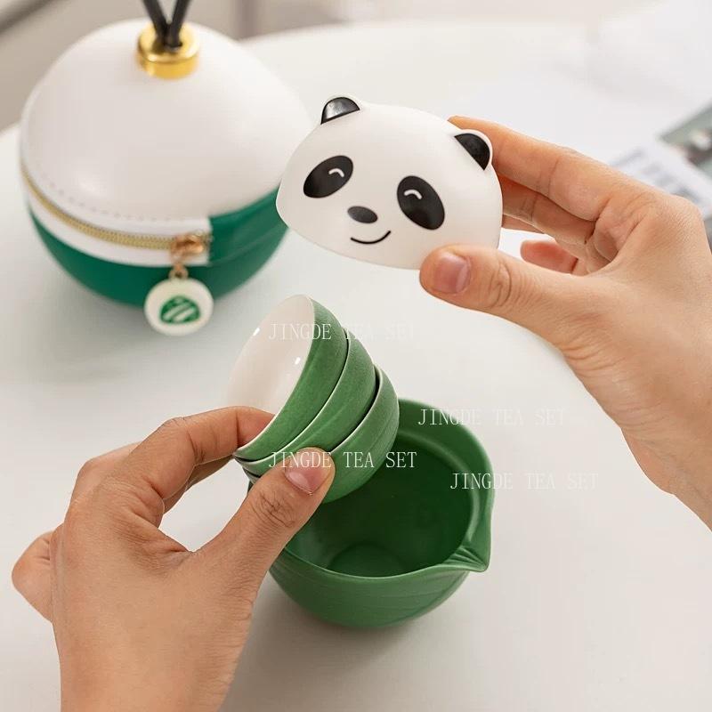 Ceramic Panda 4-piece Tea Cup Set Travel Portable Cute Tea Set Drinking Utensils Kung Fu Tea Cup1 Pot and 3 Cups