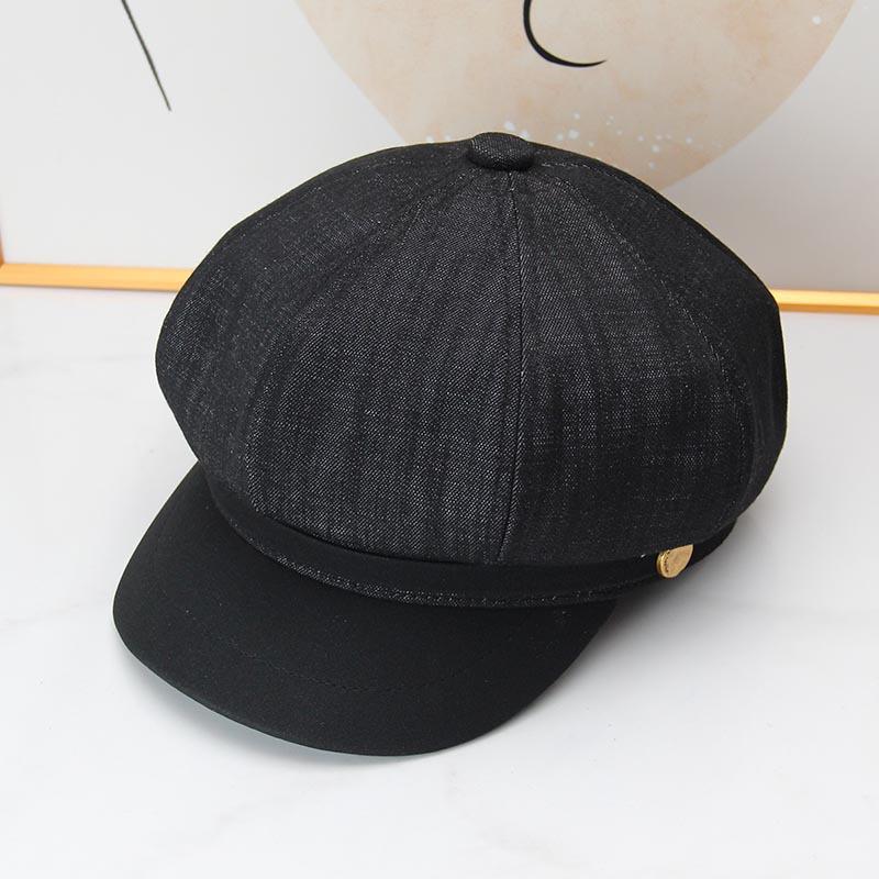 Retro denim splicing octagonal newsboy hat female autumn and winter British beret showing face small casual painter cap tide