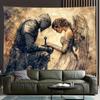 2D Gothic Knight and Angel Tapestry, Vintage Fantasy Wall Art for Living Room Decor