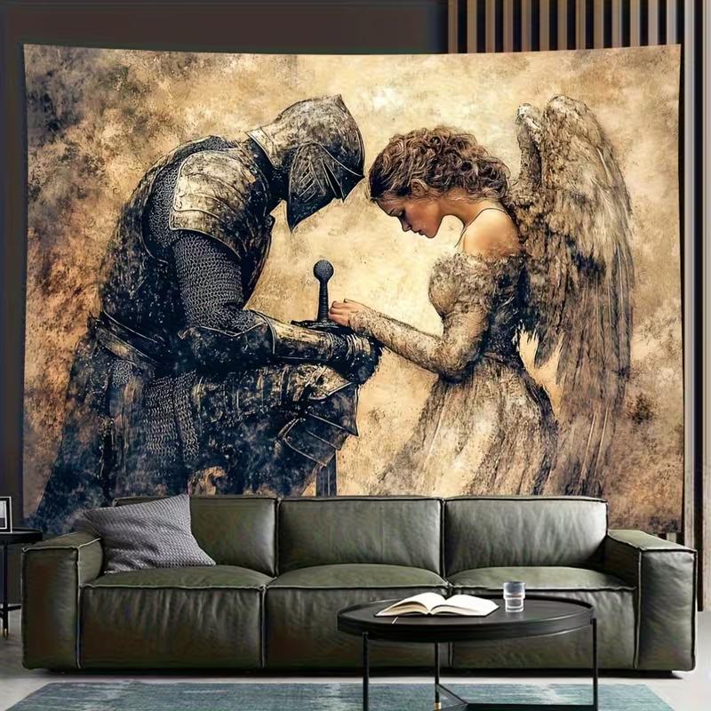 2D Gothic Knight and Angel Tapestry, Vintage Fantasy Wall Art for Living Room Decor