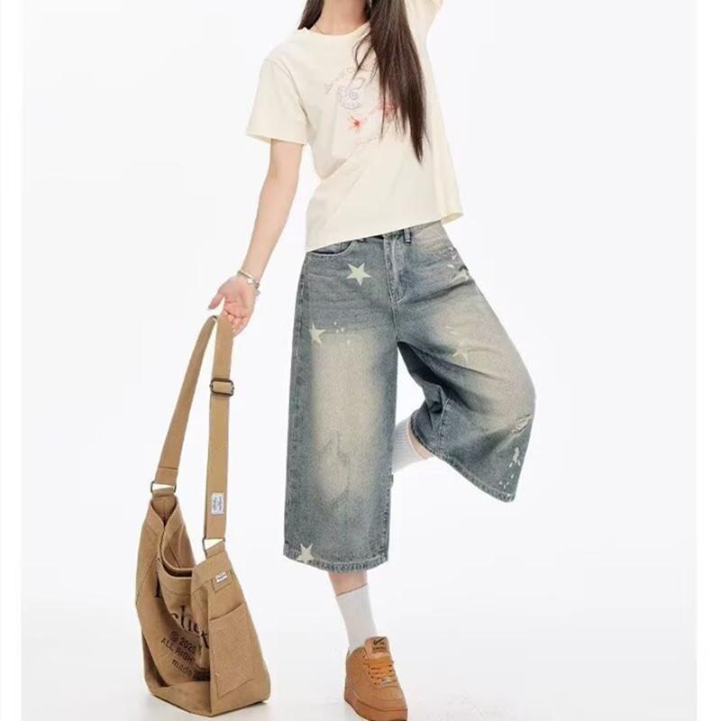 American trendy brand star seven-point jeans men's new summer straight couple pants casual shorts women