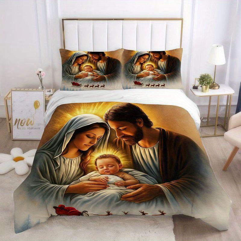 Set of 3 Nativity Scene Featuring The Holy Family, Christmas-Themed Duvet Cover And Pillowcase, with a Radiant Design