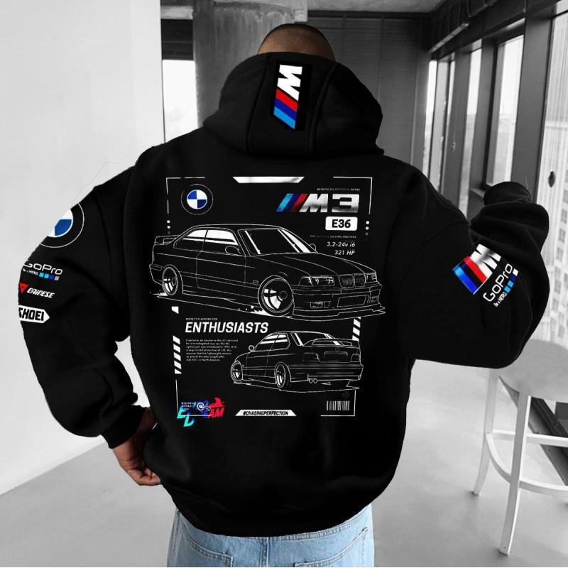 Oversized Unisex Streetwear Hoodie Pink Sports Car Print Loose Fit Long Sleeve Pullover Women Men