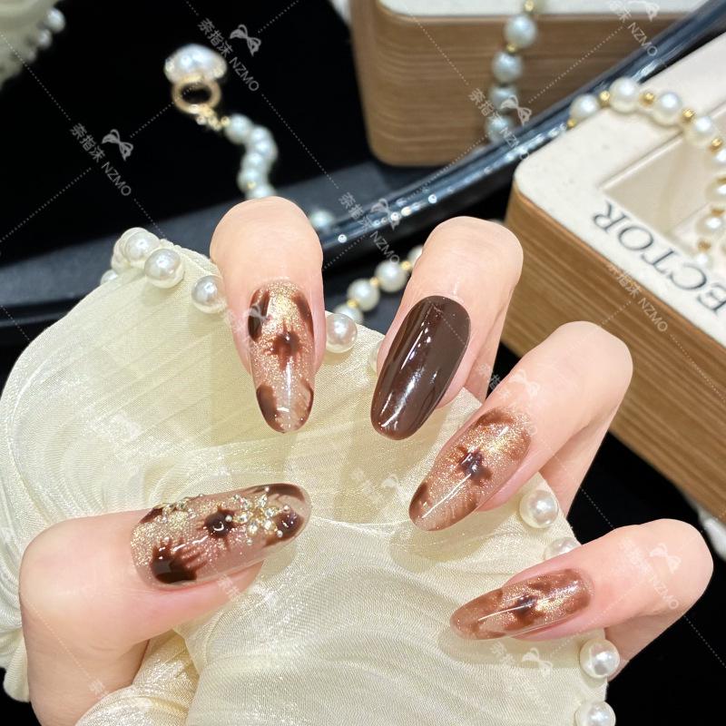 Y10 Elegant Handmade Amber Cat Eye Gradient Nails for Autumn/Winter M【Slightly Larger Hands】