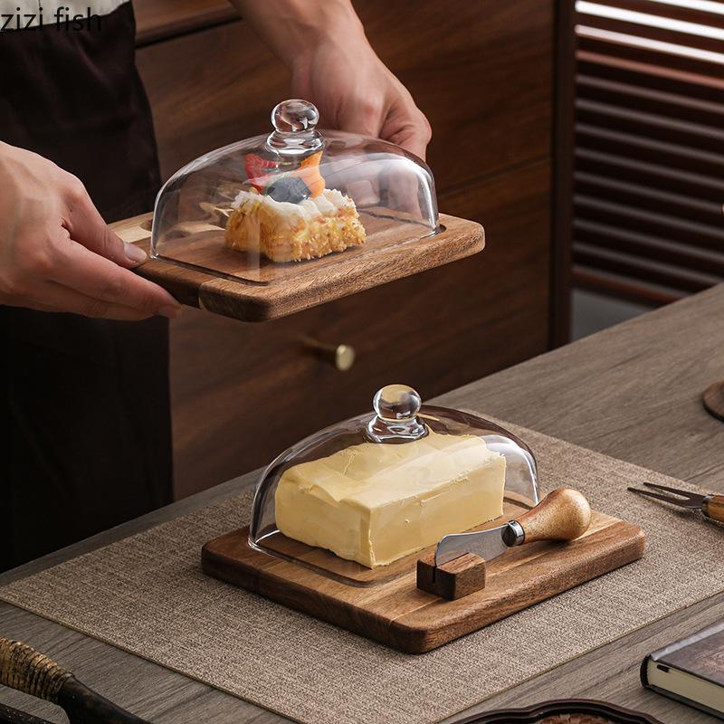 Wood Butter Box Glass Cover with Knife Cheese Plate Butter Plates Cake Rack Dessert Plate Pastry Plates Dim Sum Dish Fruit Bowl