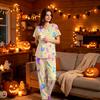 Women's Halloween Print Scrub Set, V Neck Short Sleeve with Pockets and Pants, 2 Piece Uniform
