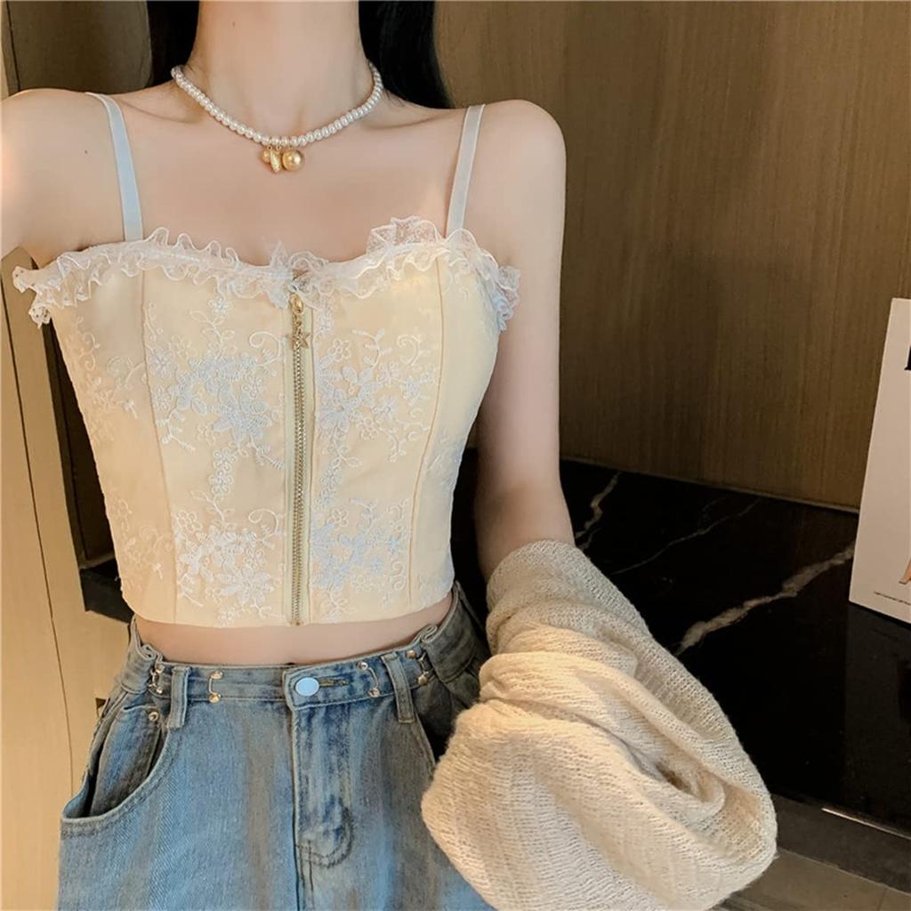 Weuiean Lace Camisole Top with Zippered Lace Tube Tank One Size Fits Women's Cups, Camisole, Top, Top, Most, LSL-013 (White)