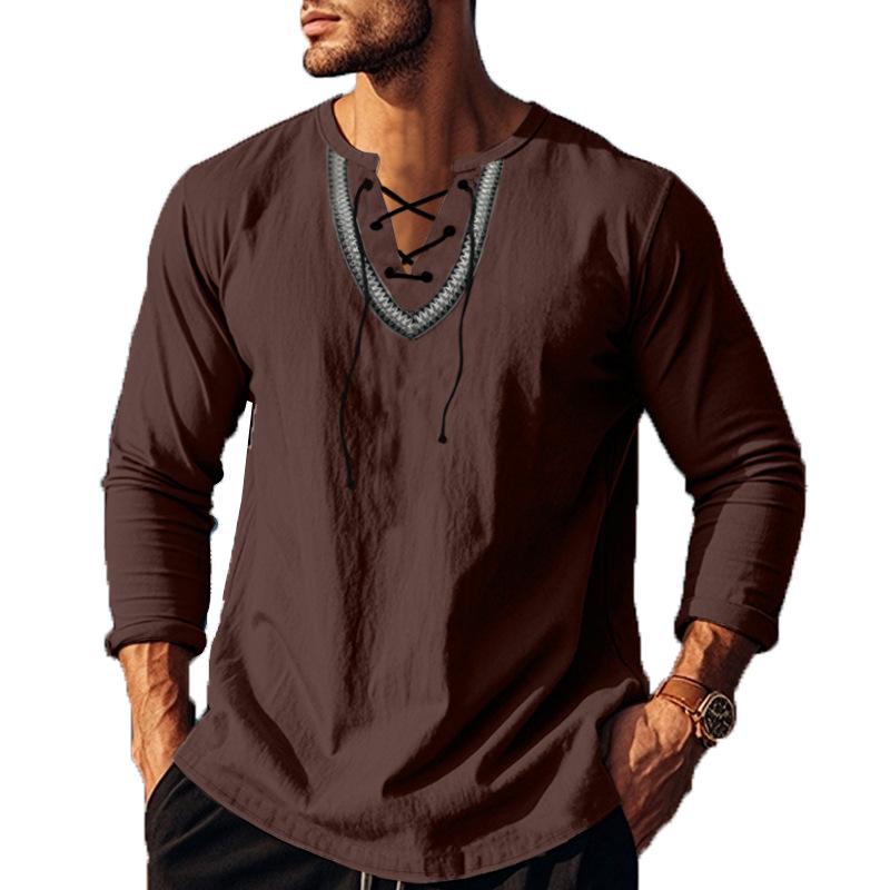 Herren Langarmshirt mit Henley-Kragen und Piraten-Motiv, Kordelzug, Baumwolle und Leinen, mit Schnürung, V-Ausschnitt, Hippie-Strand-Tops für Frühling und Sommer